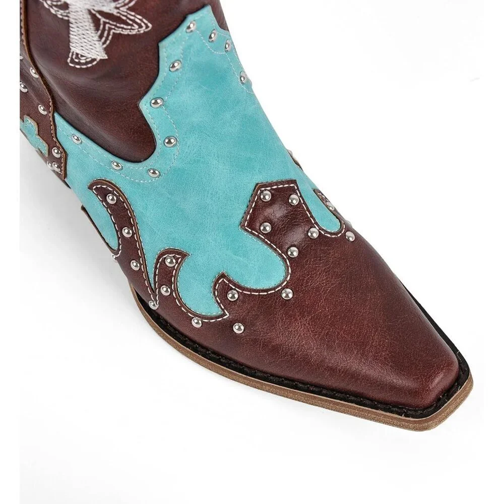 Women's Brown Embroidered Knee High Studded Two-Tone Pathwork Cowboy Boots